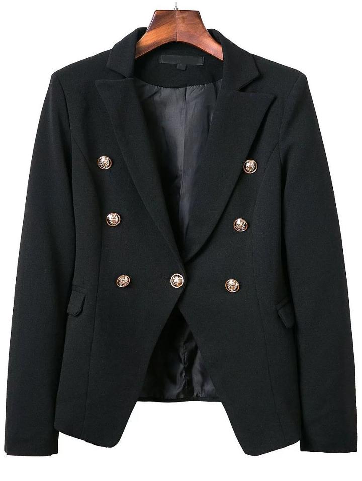 Romwe Black Double Breasted Notch Lapel Blazer