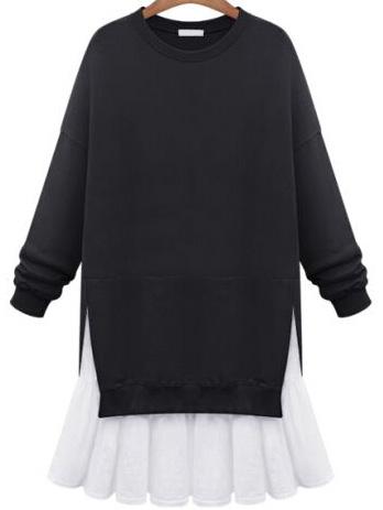 Romwe Black Round Neck Splicing Hem Sweatshirt Dress