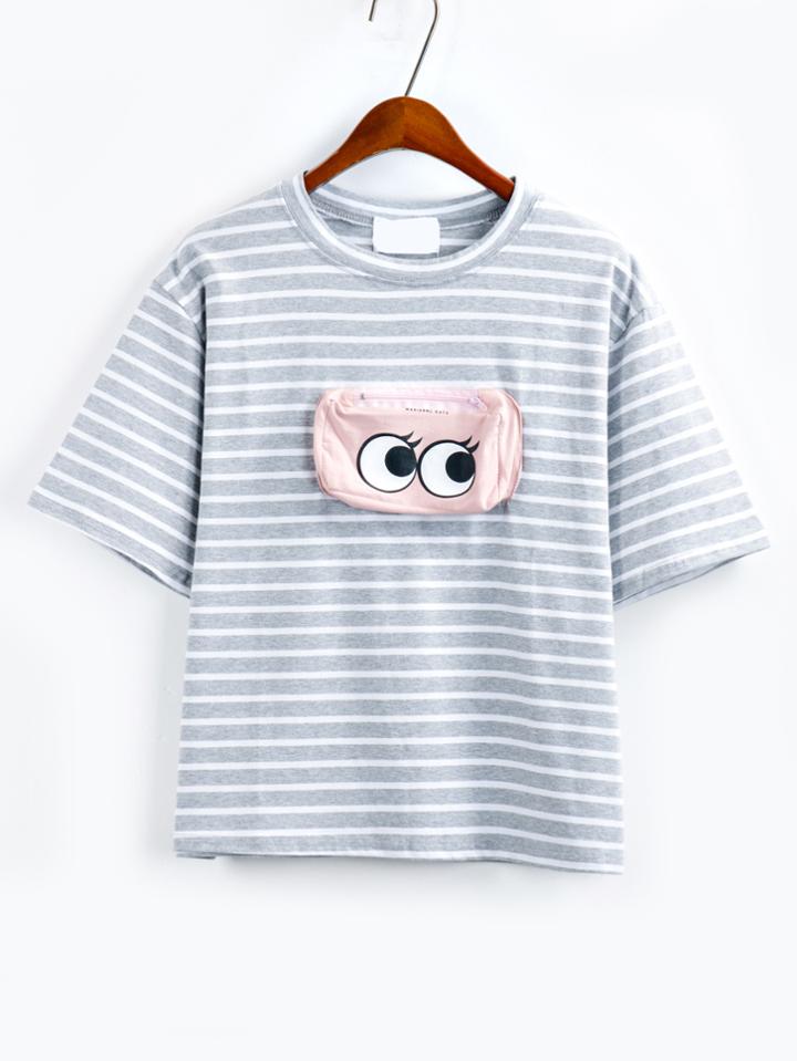 Romwe Eye Print Zip Pocket Striped T-shirt - Grey