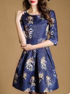 Romwe Blue Round Neck Half Sleeve Jacquard Dress