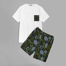 Romwe Guys Single Pocket Top & Tropical Shorts Pj Set