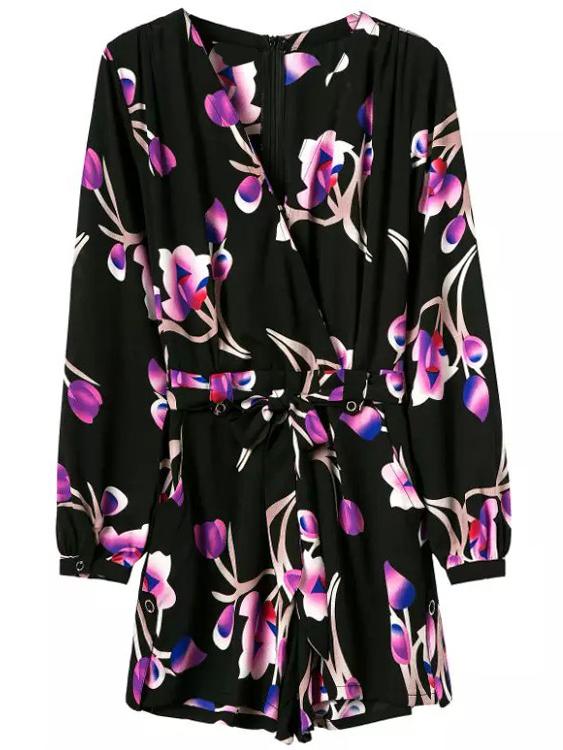 Romwe V Neck Florals Belt Romper