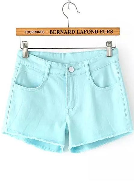 Romwe Fringe With Pockets Slim Pale Blue Shorts