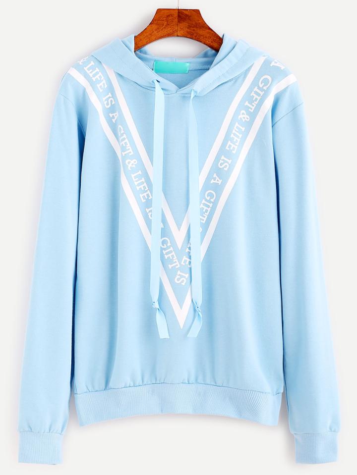 Romwe Blue Letter Print Drawstring Hooded Sweatshirt
