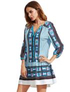 Romwe Blue V Neck Vintage Print Tunic Dress