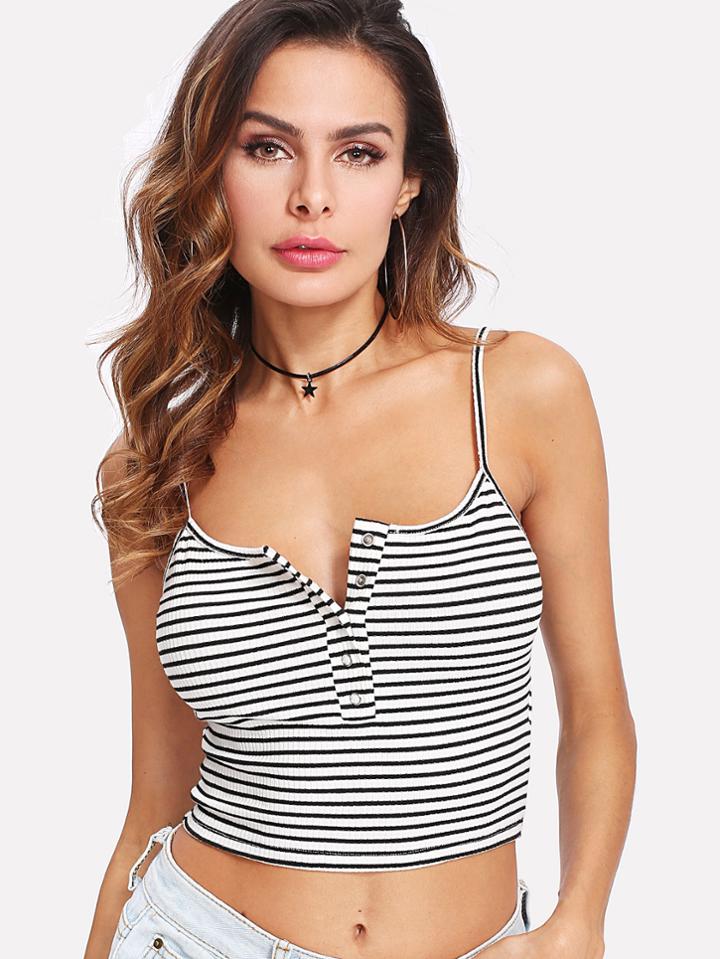 Romwe Button Front Stripped Cami Top