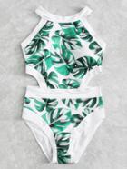 Romwe Palm Print Cutout Swimsuit