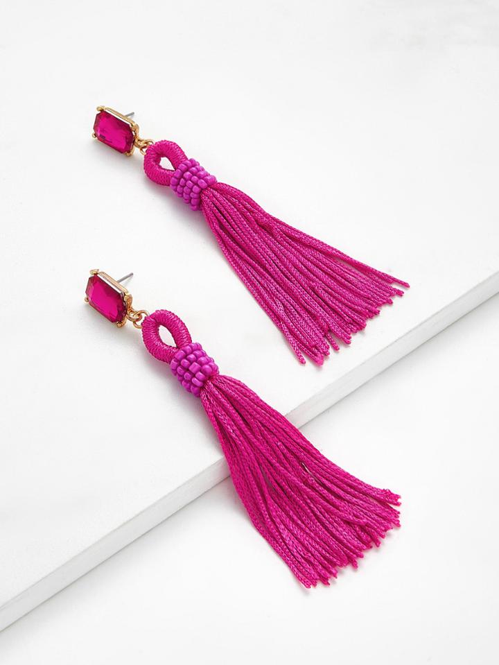 Romwe Rhinestone Top Tassel Drop Earrings