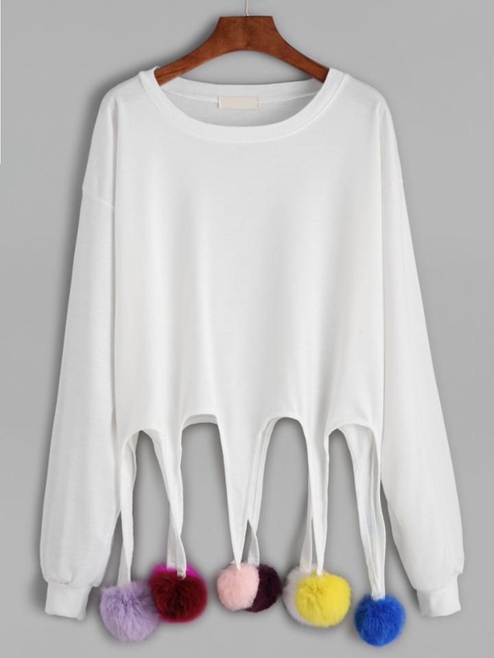 Romwe White Drop Shoulder Fringe Pom Pom Hem Sweatshirt