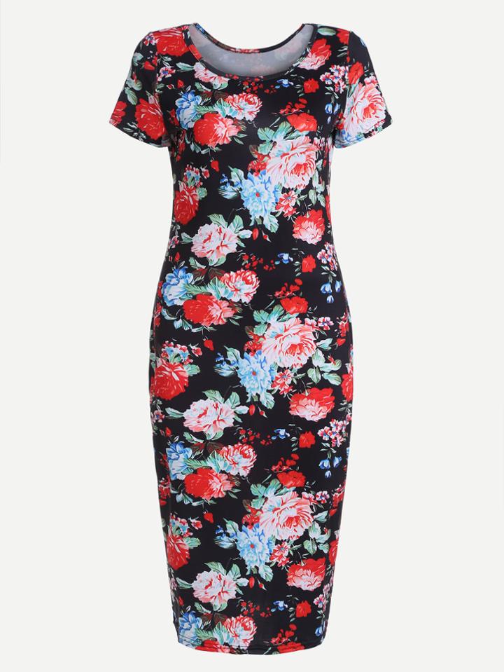Romwe Black Flower Print Pencil Dress