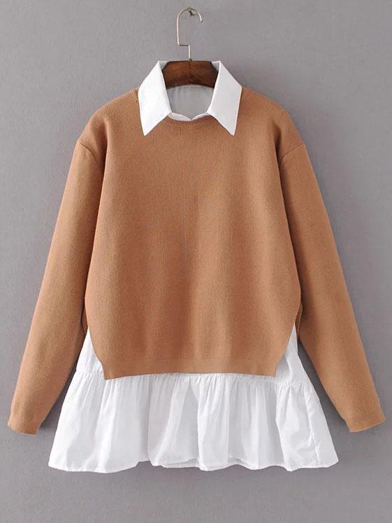 Romwe Khaki Contrast Ruffle Hem Split Back Sweater
