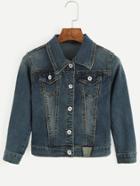 Romwe Dark Blue Lapel Print Buttons Denim Jacket