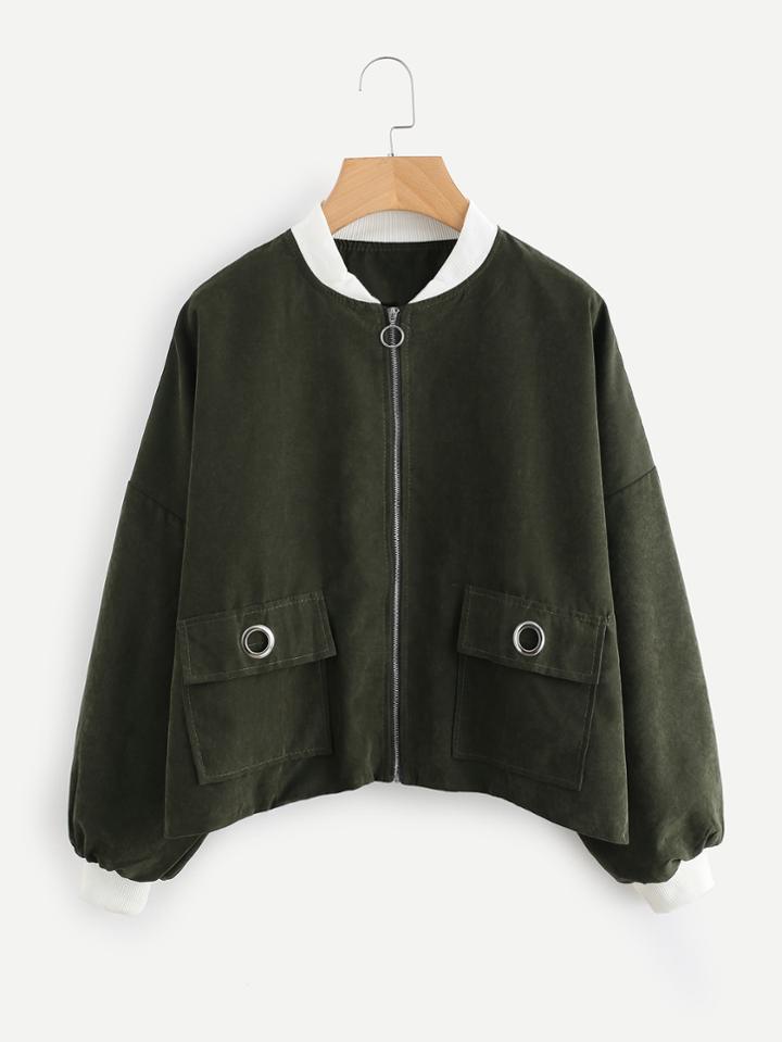 Romwe Contrast Trim Eyelet Pocket Jacket