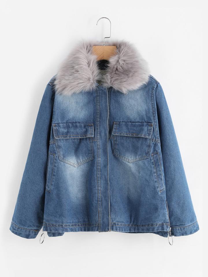 Romwe Dual Pocket Zip Side Faux Fur Neck Jacket