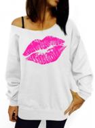 Romwe White Scoop Neck Lipstick Print Sweatshirt