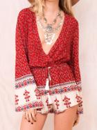 Romwe Red V Neck Drawstring Waist Floral Jumpsuit