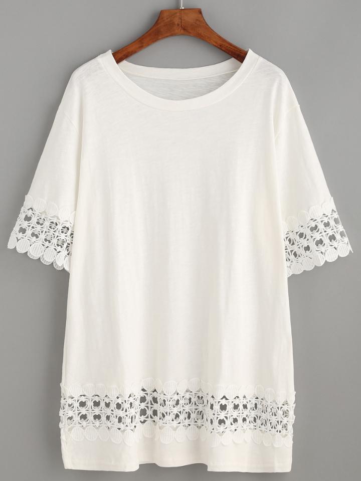 Romwe White Crochet Insert Lace Trim T-shirt