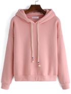 Romwe Hooded Drawstring Loose Pink Sweatshirt