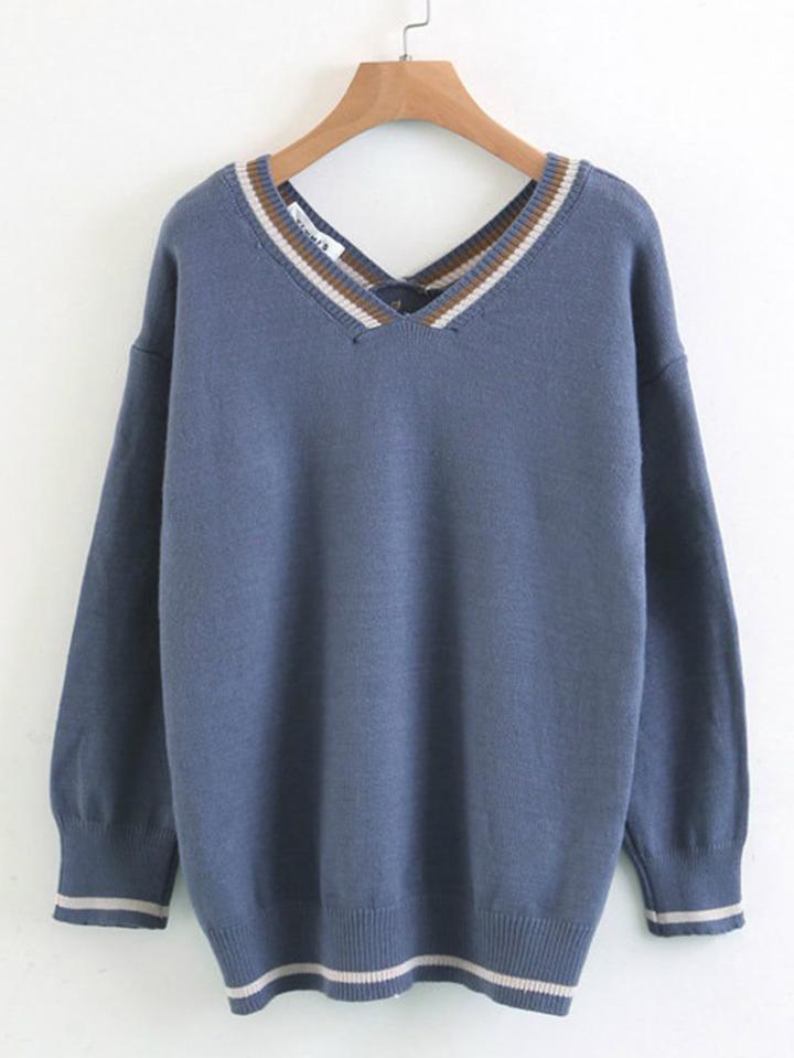 Romwe Striped Trim Double V Neck Sweater