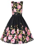 Romwe Black Belted Rose Print Fit And Flare Dress