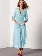 Romwe Blue Notch Lapel Belted Shirt Dress With Pocket