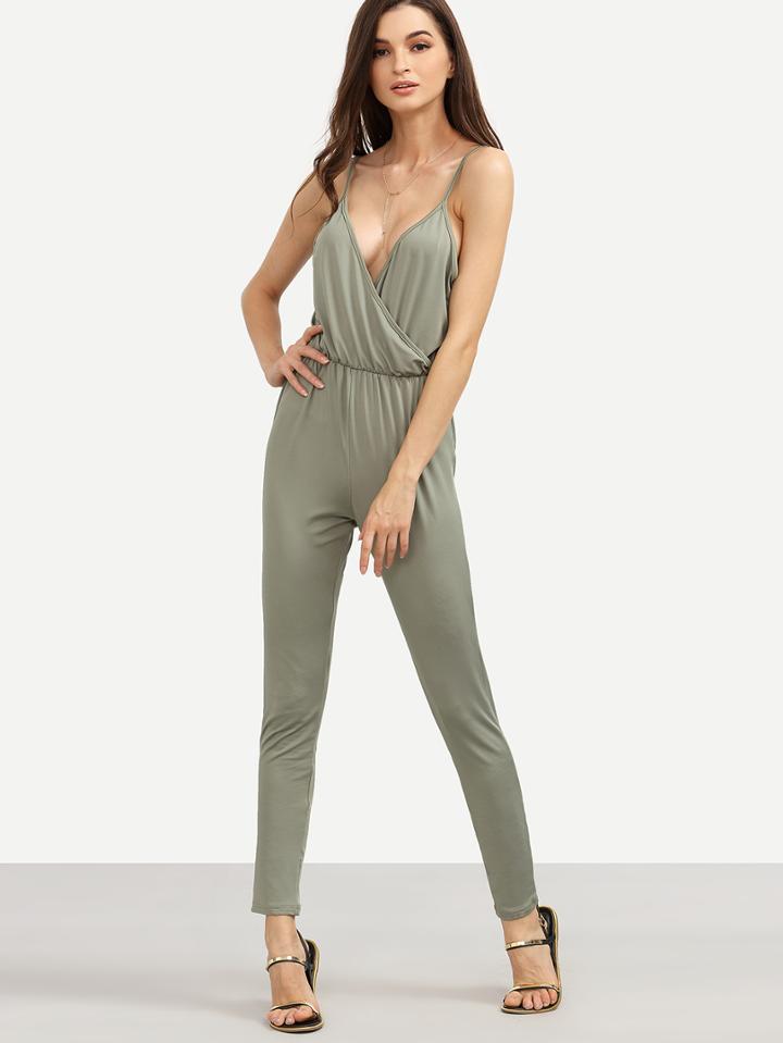 Romwe Grey Spaghetti Strap Wrap Elastic Waist Jumpsuit