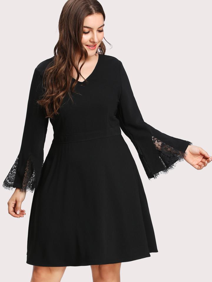 Romwe Lace Insert Bell Sleeve Fit & Flare Dress