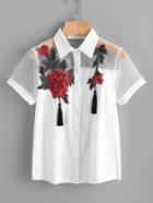 Romwe Mesh Panel Embroidered Applique Shirt