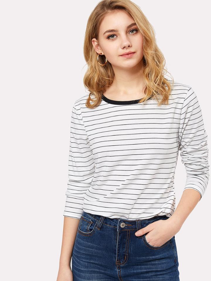 Romwe Contrast Collar Pinstripe Tee