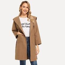 Romwe Self Tie Hooded Tweed Coat
