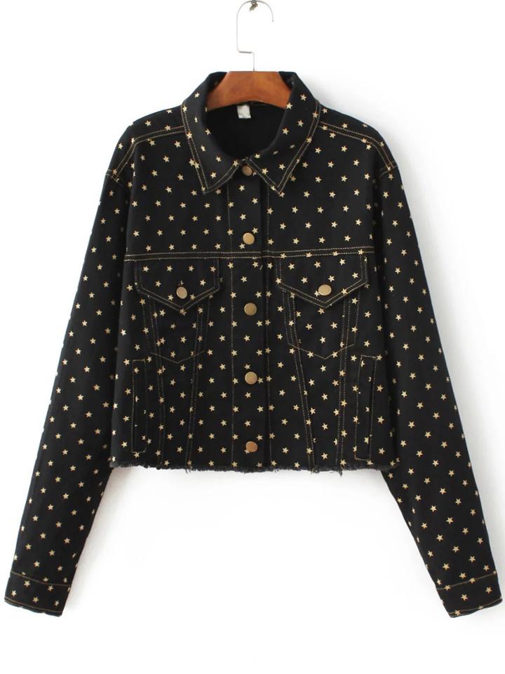 Romwe Black Star Print Raw Hem Denim Jacket