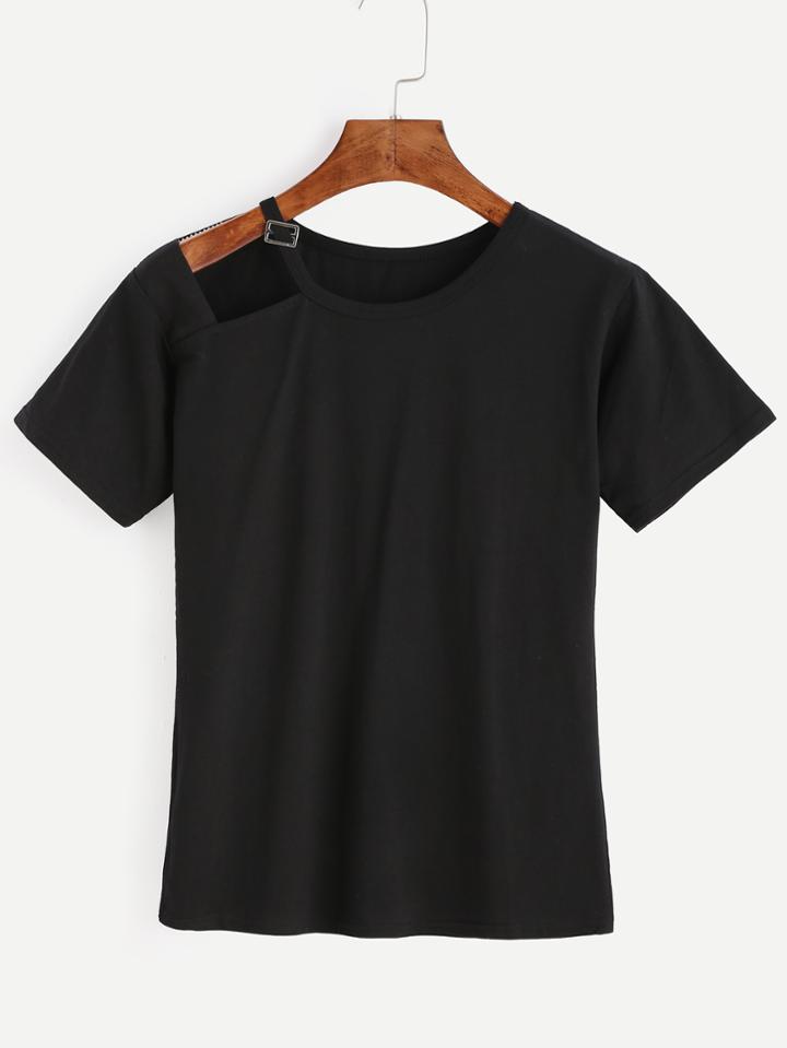 Romwe Black Buckled Asymmetric Cutout Neck T-shirt