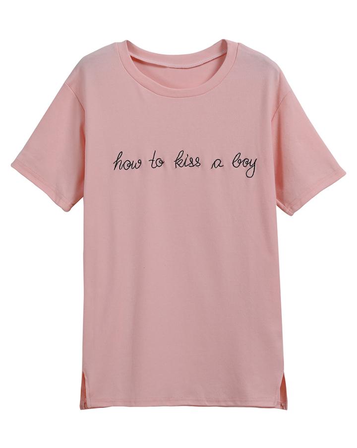 Romwe Letters Embroidered Split Pink T-shirt