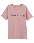 Romwe Letters Embroidered Split Pink T-shirt