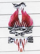Romwe Mixed Print Plunge Neck Tie Back Bikini Set