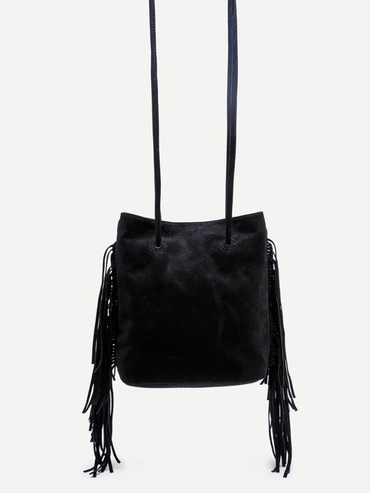 Romwe Black Faux Suede Fringe Tassel Bucket Bag