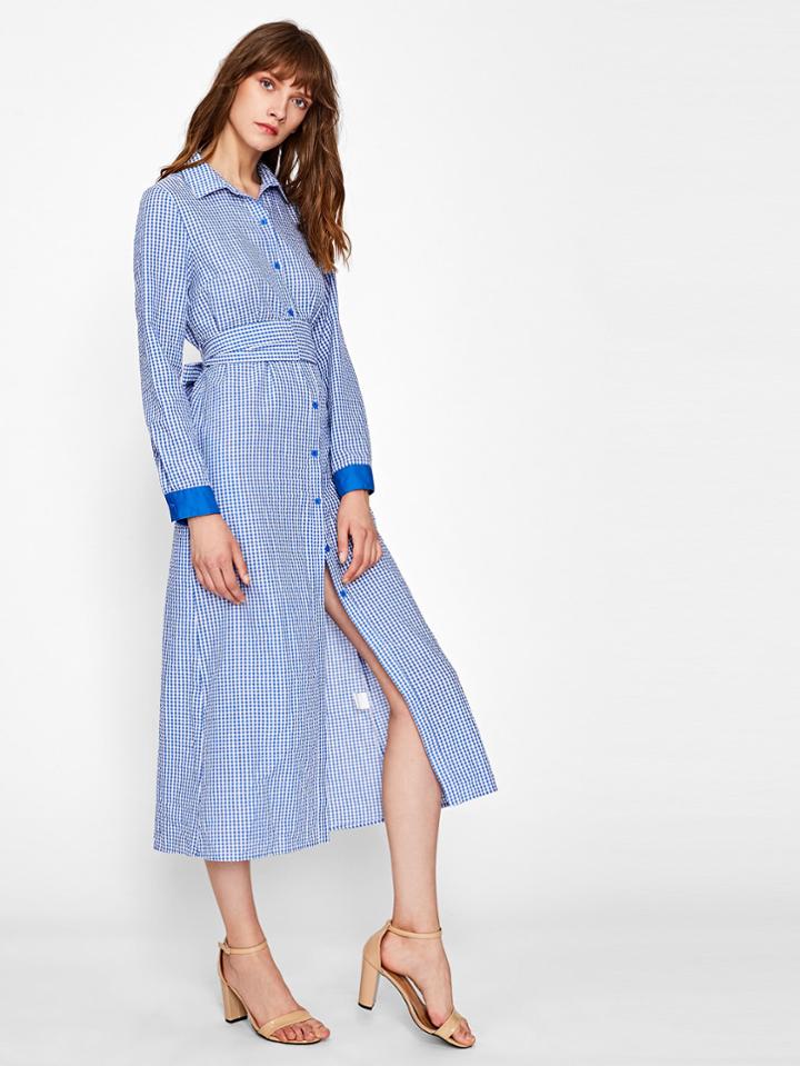 Romwe Satin Cuff Self Tie Waist Gingham Shirt Dress