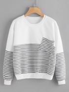 Romwe Color Block Striped Chest Pocket Sweatshirt