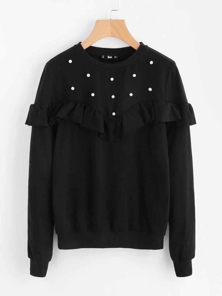 Romwe Pearl Beading Frill Detail Sweatshirt