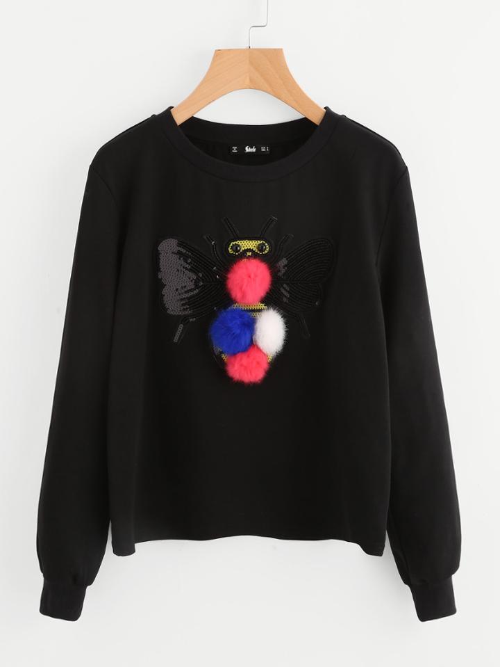 Romwe Pom Pom Detail Sequin Bee Sweatshirt