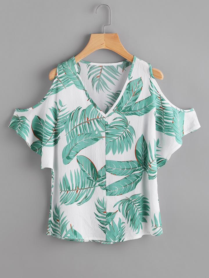 Romwe V Neckline Open Shoulder Banana Leaf Print Blouse