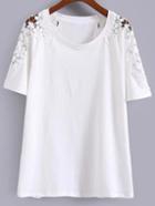Romwe Lace Insert White T-shirt
