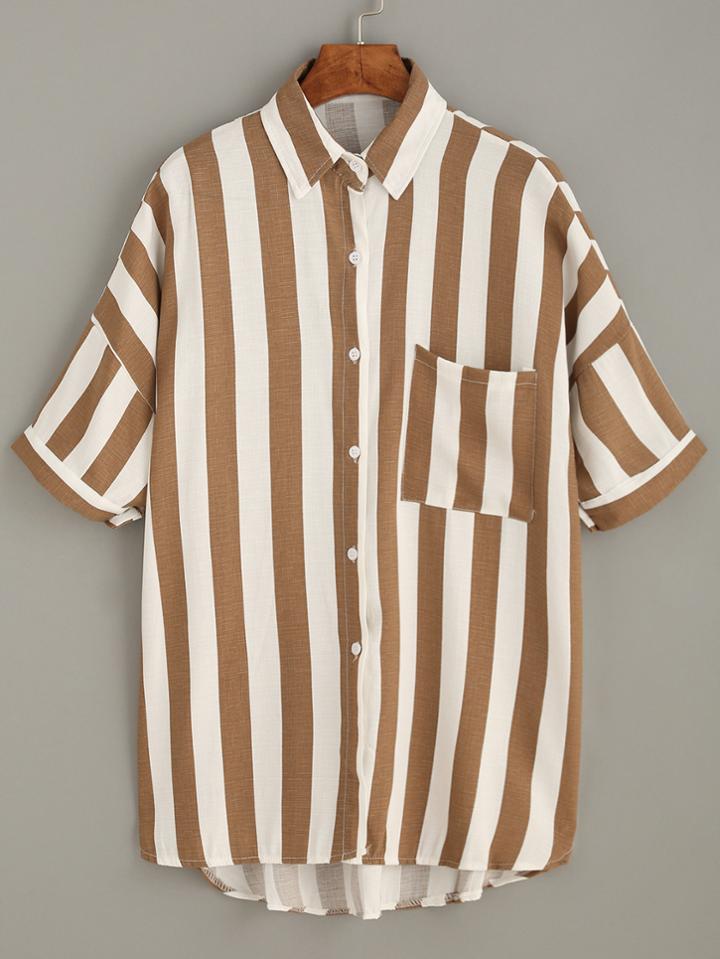 Romwe Brown White Vertical Striped Drop Shoulder Blouse