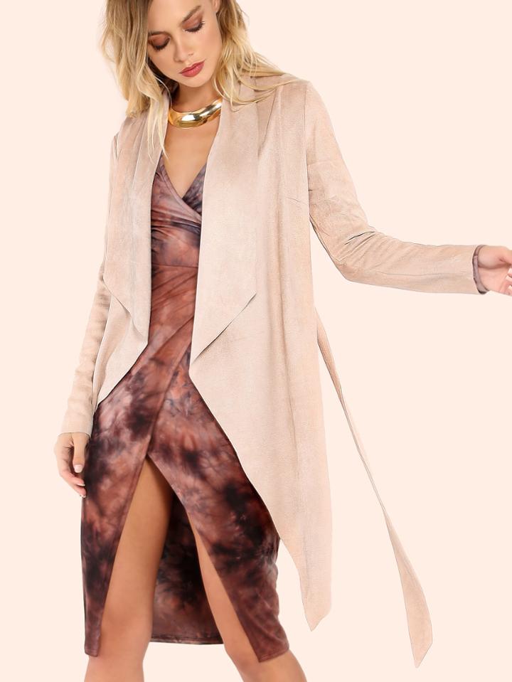 Romwe Suede Belted Crepe Lapel Outerwear Nude