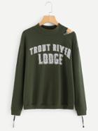 Romwe Letter Print Cutout Shoulder Pullover