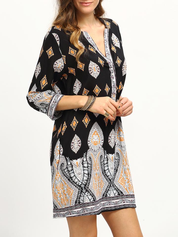 Romwe Paisley Print Buttoned Front Tunic Dress
