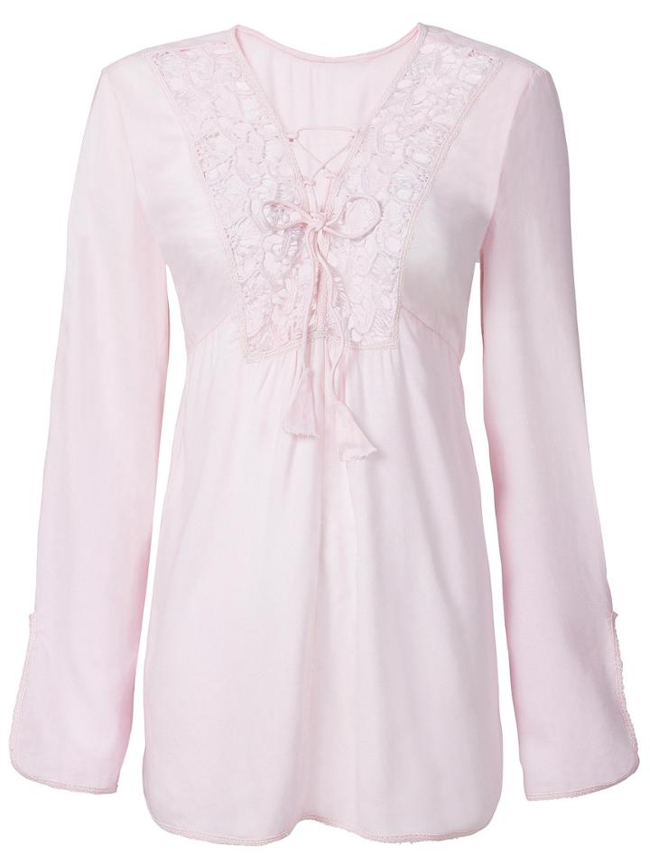 Romwe Bell Sleeve Crochet Hollow Pale Pink Blouse