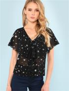 Romwe Flounce Embellished Star Print Chiffon Blouse