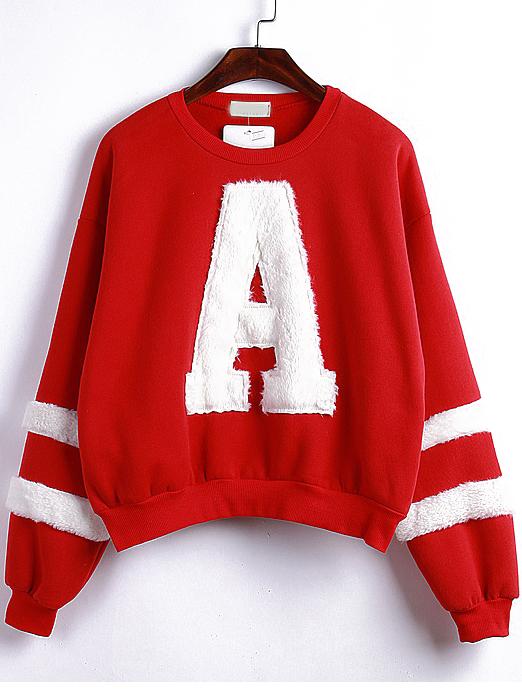 Romwe Red Round Neck Flocked A Pattern Sweatshirt