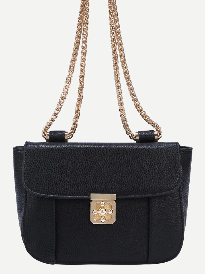 Romwe Embossed Turnlock Flap Bag With Chain - Black